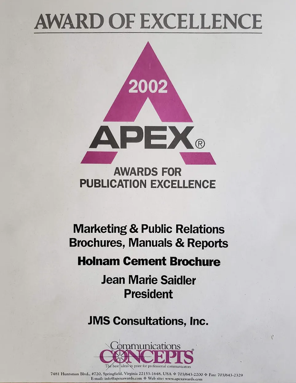 2002 apex award for the holnam cement brochure