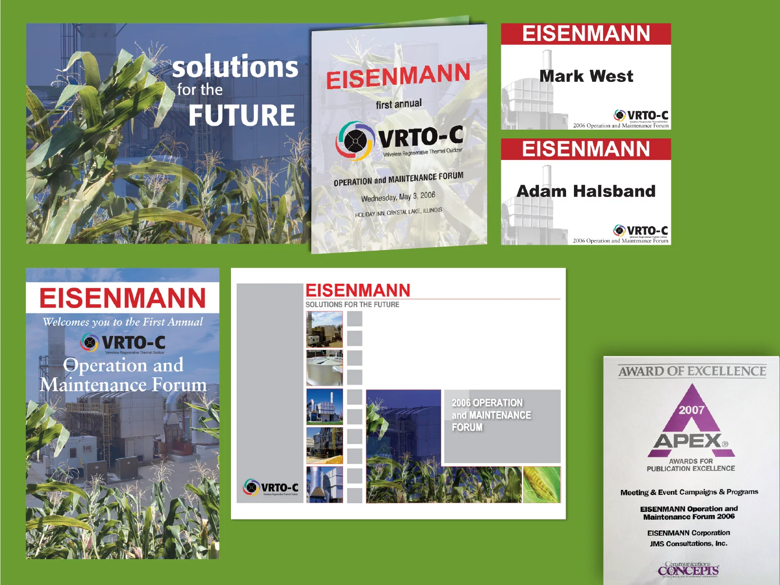 materials from the eisenmann 2006 operation and maintenance forum next to a 2007 apex award