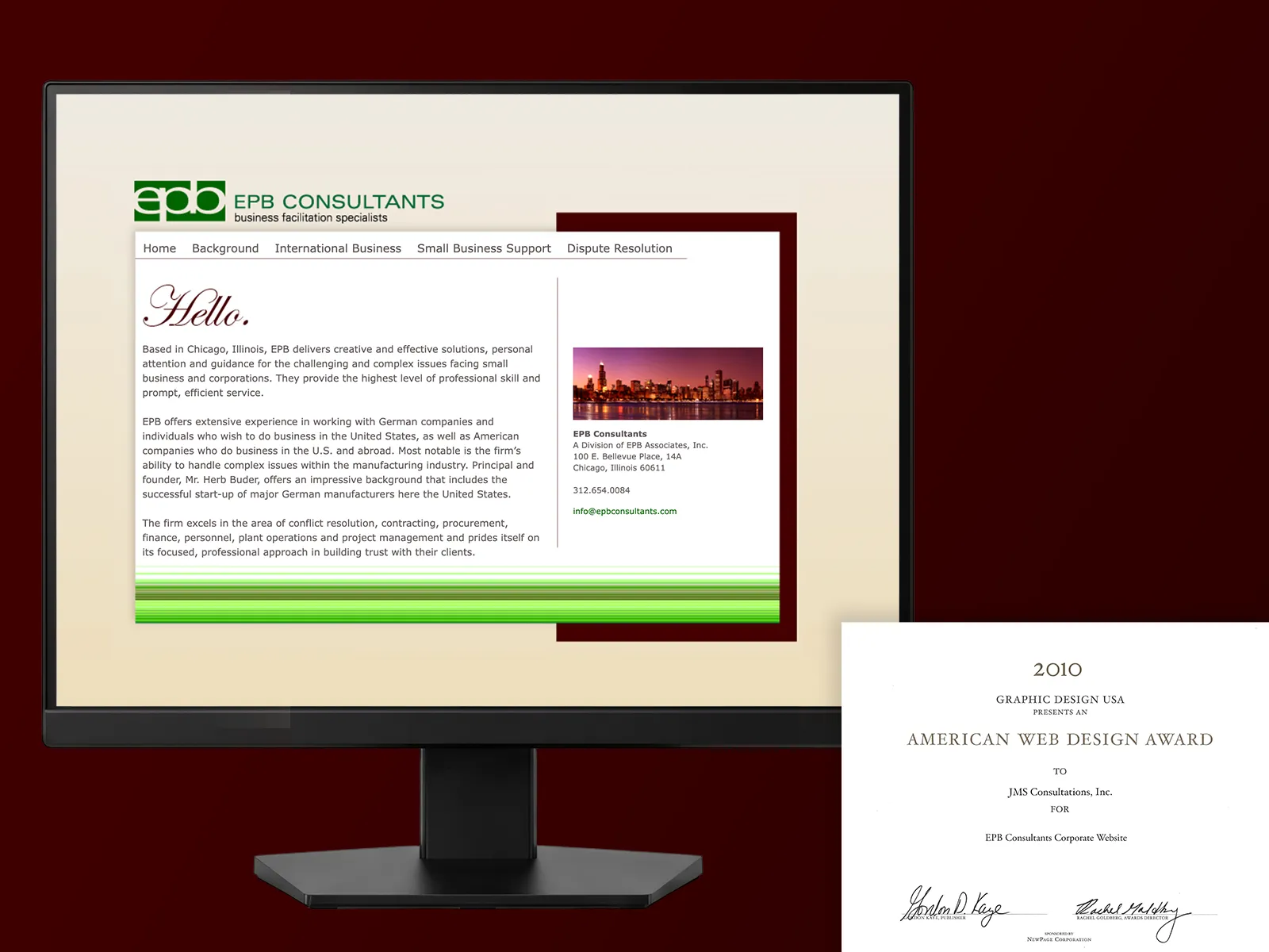 the epb consultants website next to a 2010 american web design award