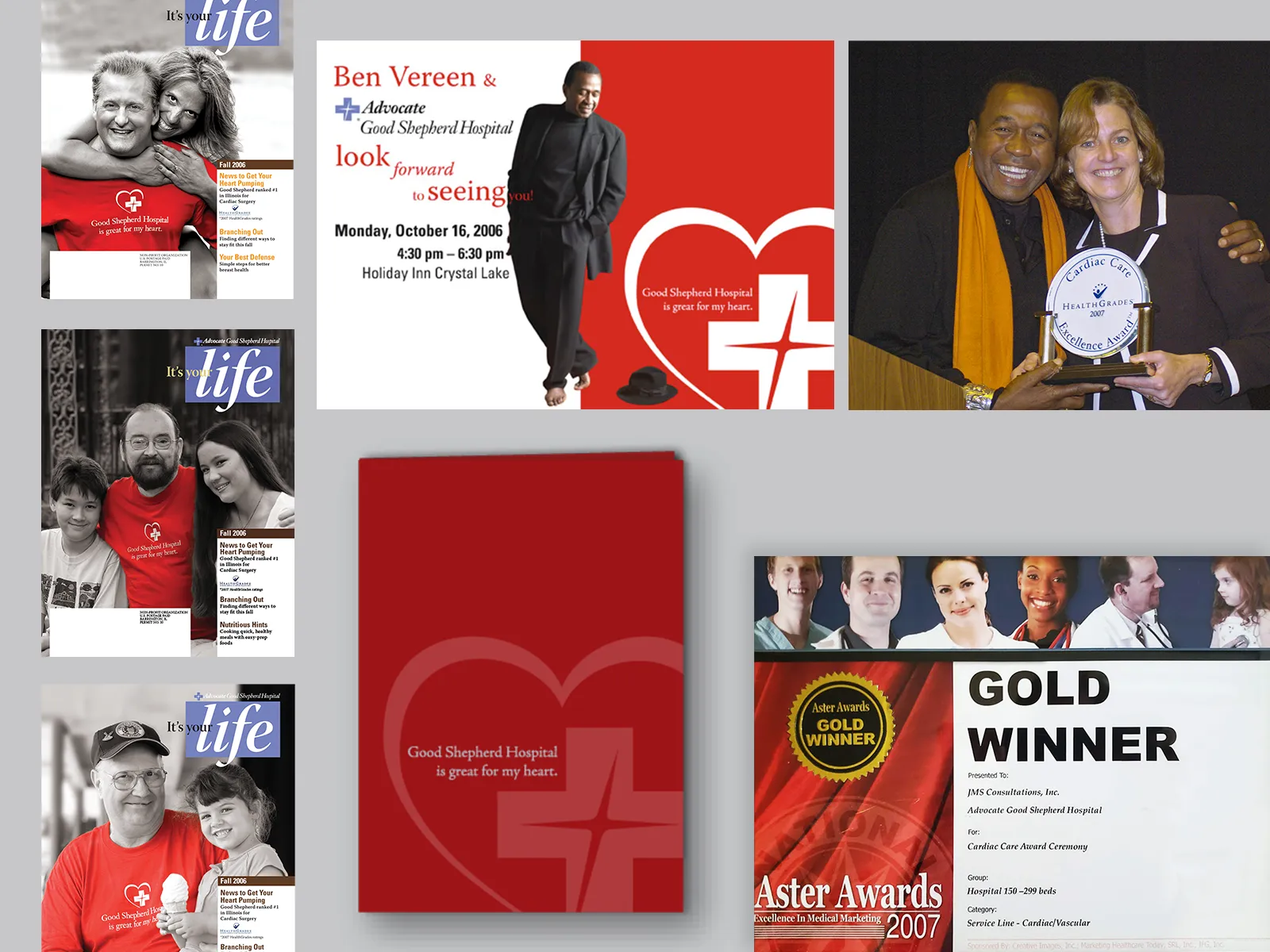 materials from a 2006 good shepherd cardiac care event next to a 2007 aster awards gold winner certificate