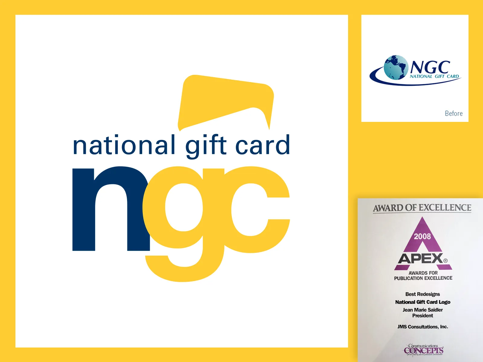 a before and after of the national gift card logo next to a 2008 apex award for best redesigns