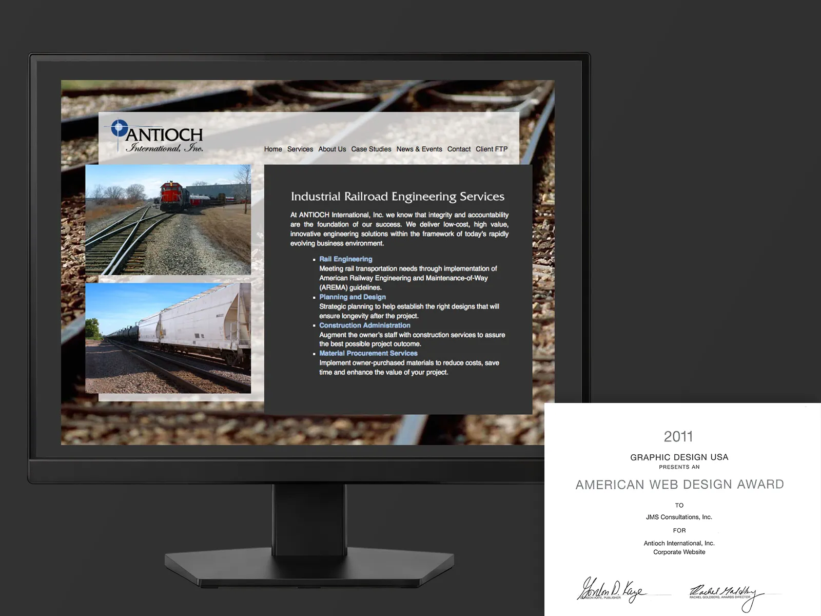 the antioch international website next to a 2011 american web design award