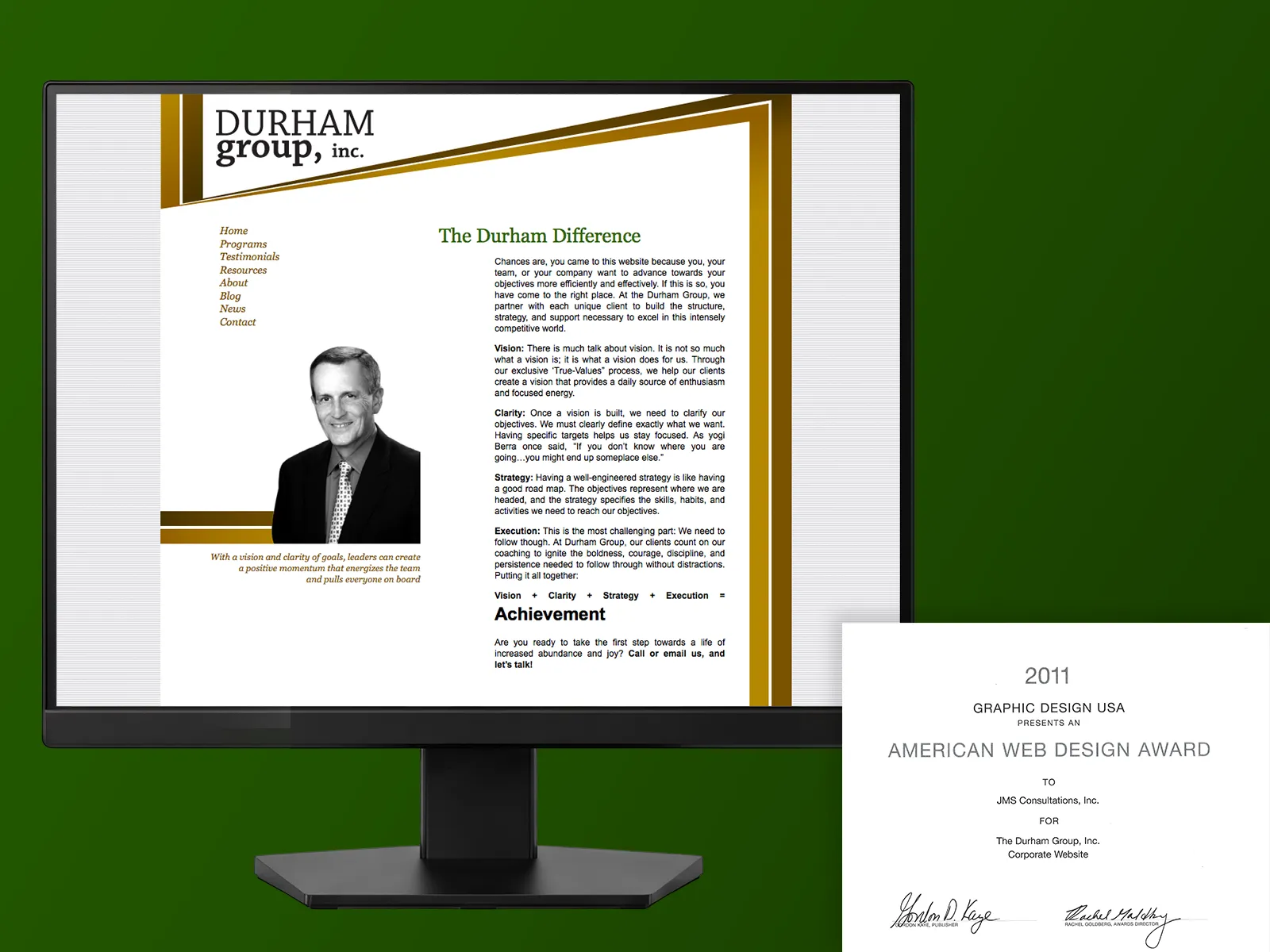 the durham group inc website next to a 2011 american web design award