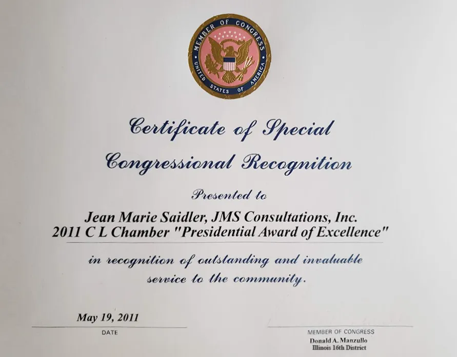a certificate of special congressional recognition for jean marie saidler's service to the community