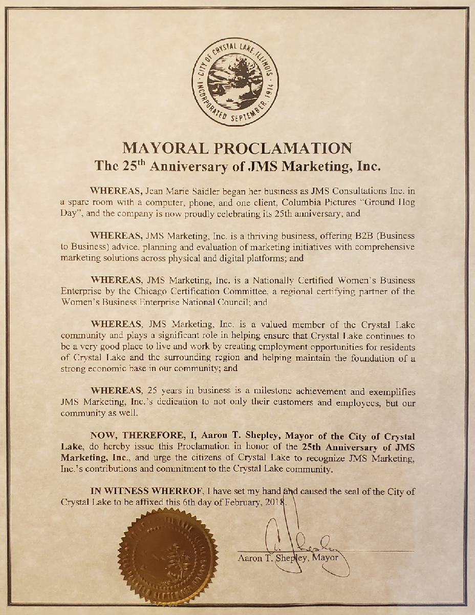 the mayoral proclamation celebrating jms' 25th year
