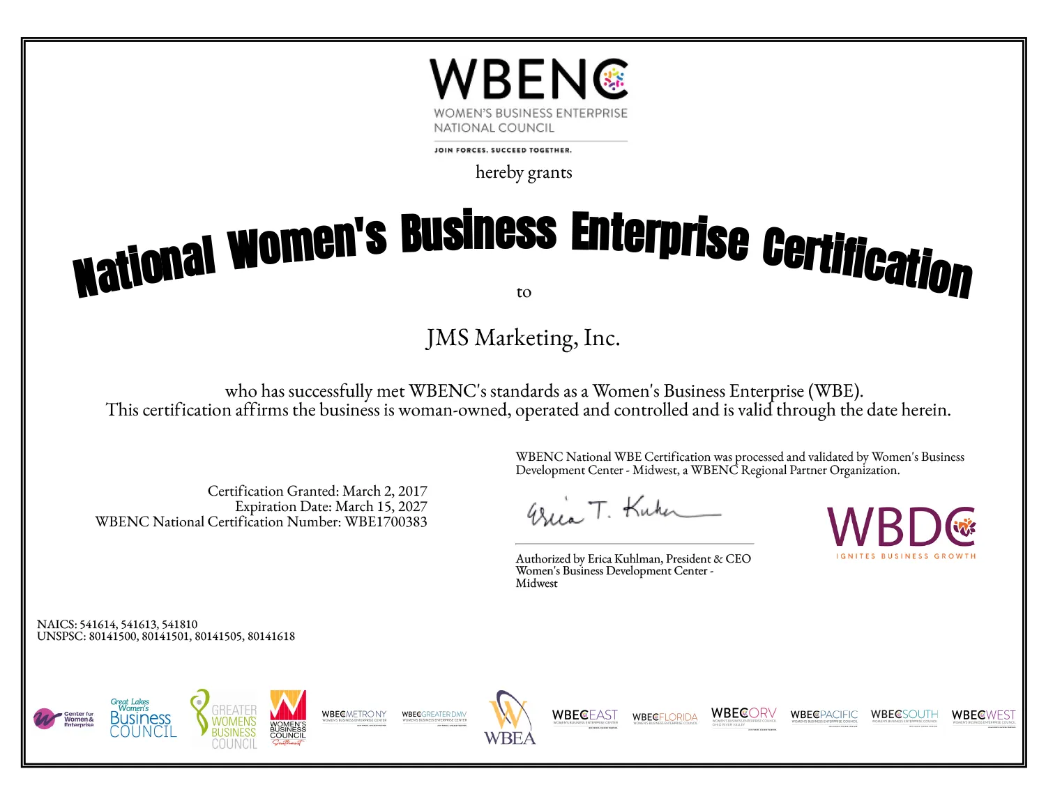 our wbenc certificate