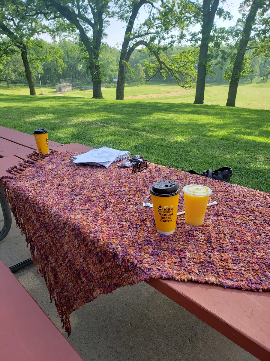 a photo of a picnic table set up for an outdoor meeting at veterans acres during the covid pandemic