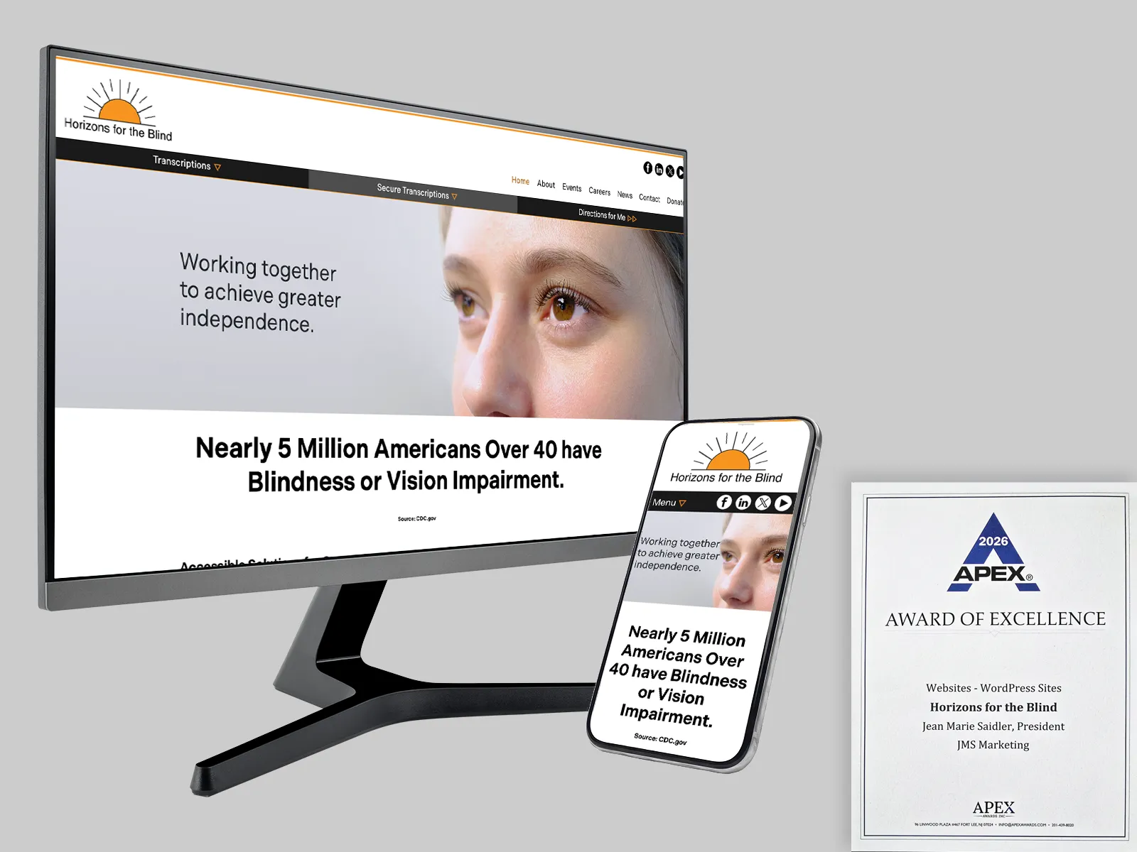 the horizons for the blind next to our 2026 apex award for wordpress sites