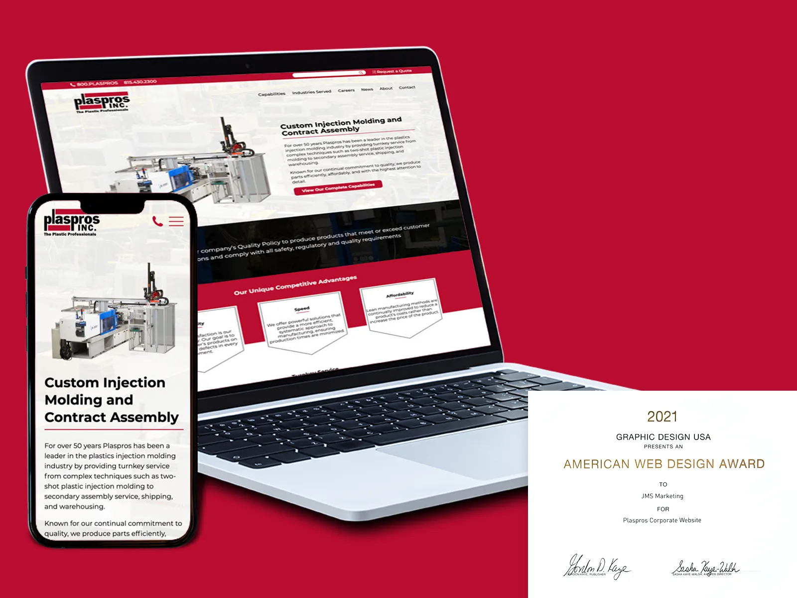the plaspros website next to our 2021 american web design award