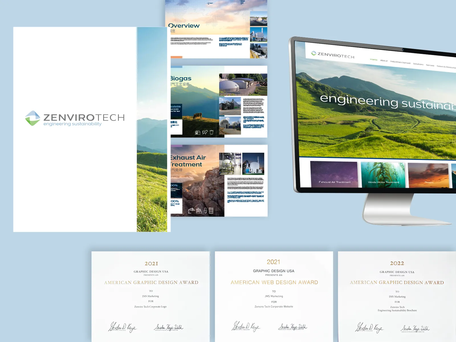 the zenvirotech brochure and website next to our 2021 american graphic design award for the corporate logo, 2021 american web design award for the website, and 2022 american graphic design award for the corporate brochure