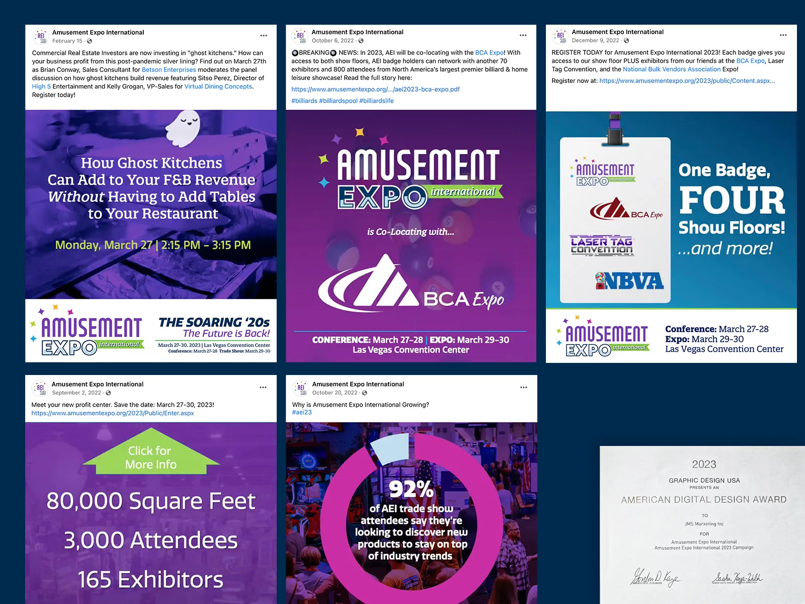 various amusement expo 2023 social media posts next to our american digital design award for social media